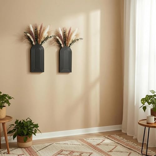 Modern Wall Vase Set of 2 - Black Boho Wood Wall Decor for Living Room, Dining Room & Entryway - Large Farmhouse Wall Mounted Flower Vases - Minimalist Art Wall Decor for Bathroom, Kitchen & Bedroom - style: C