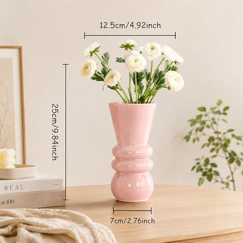 Pink Glass Vase for Flowers, Modern Decorative Flower Vase, Table Centerpiece for Dining Room, Living Room, Office Desk and Home Decor, Floral Arrangement Vase, 9.84 Inch - color: Transparent