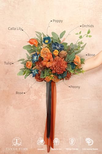 TINGE TIME 13 Inch Burnt Orange & Dark Teal Wedding Bouquets for Bride, Bridal Bouquet for Bride, Artificial Silk Rose for Graduation Bouquet, Fake Flowers for Fall Wedding Ceremony and Anniversary - color: Burnt Orange & Dark Teal