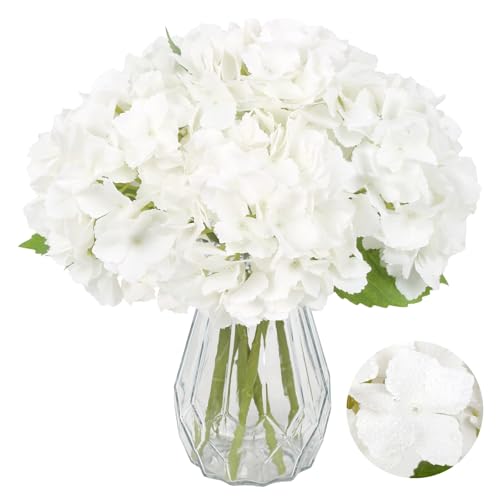 IPOPU Real Touch Hydrangea Artificial Flowers 6pcs Faux Hydrangea Flowers with Short Stems Pure White Latex Flowers for Home Wedding Bouquet Arrangement Babby Shower Party Decoration (Pure White) - color: Pure White