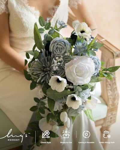 Ling's moment Dusty Blue Bridal Bouquet Cascading, Wedding Bouquets for Bride, 15 Inch Bride Bouquets for Wedding Artificial Flowers Bouquets - color: Blu-dusty Blue, size: Medium 15 Inch