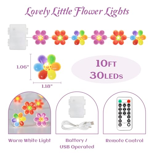 Colorful Flower String Lights 10FT 30LEDs USB & Battery Powered Cute Rainbow Floral Fairy Twinkle Lights with Remote Timer Decorative for Bedroom, Dorm, Girls Room & Christmas Home Decor - style: Flower
