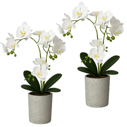 Suncalla 2 Pcs Fake Orchids Flowers in Pot Faux Orchids Artificial Floral Phalaenopsis with Vase for Home Wedding Table Centerpiece Bathroom Indoor Room Office Desk Decoration