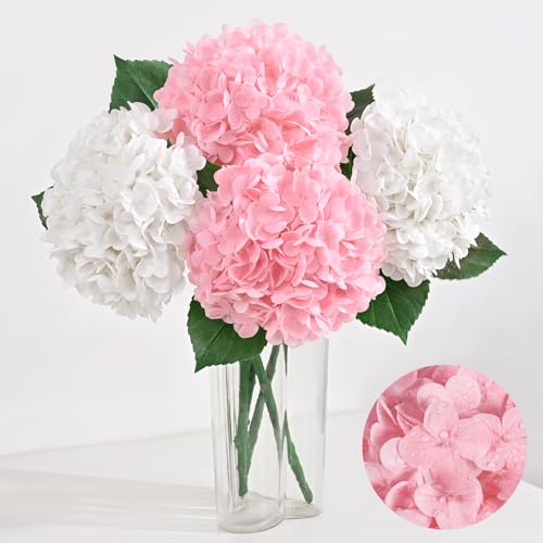 Artflower 4Pcs Real Touch Hydrangea Artificial Flowers, 22.5'' White & Pink Full Latex Faux Hydrangea Flowers for Home Floral Arrangements Wedding Bouquets Kitchen Table Centerpiece Decorations - color: White & Pink, size: 4 Pcs