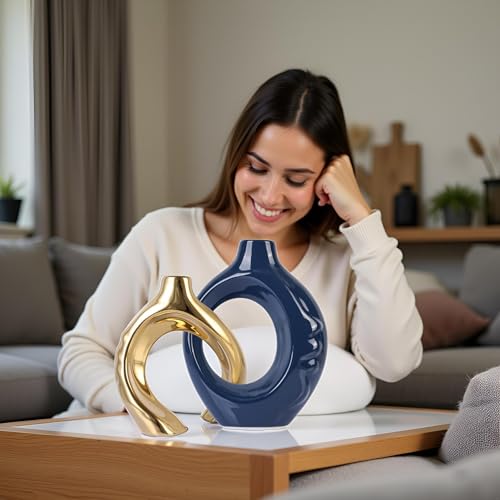 LCCCK Blue and Gold Ceramic Vases for Home Decor, Boho Vase for Flowers Pampas Grass Decorative, Navy Blue Hollow Donut Small Vase for Living Room Table Wedding Centerpiece Modern Vases - color: Blue and Gold