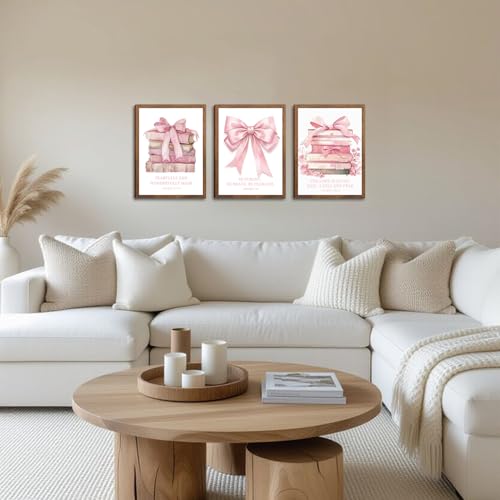 Pink Bow And Book Canvas Wall Art Set of 3, Coquette Trendy Preppy Cute Girl Posters Prints Wall Decor, Book Lovers Gifts for Girls Room College Apartment Living Room Bedroom 16x12In Wood Framed - color: Pink book bow, size: 16L" x 12W"