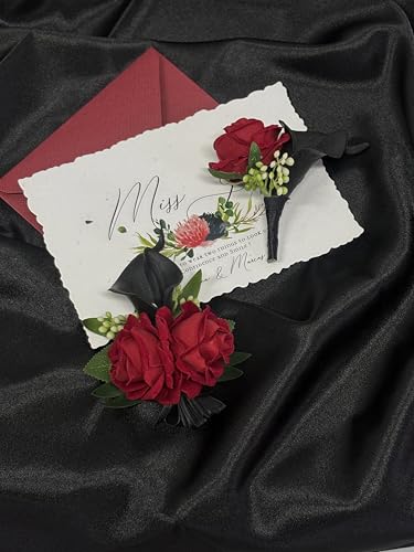 Red Rose Wrist Corsage Wristlet Band Bracelet and Men Boutonniere Set with Black Calla Lily for Wedding Flower Accessories Prom Suit Decorations