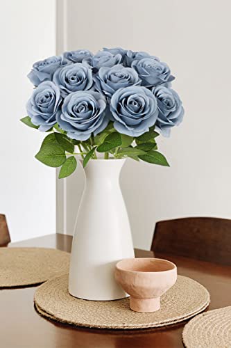 JUSMAI 12pcs Roses Artificial Flowers Dusty Blue Silk Roses with Long Stems Fake Flowers for Wedding Bouquet Centerpices Decorations Party Bridal Baby Shower Home Decor - color: Dusty Blue, size: 12PCS