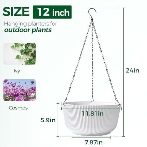 T4U 12 Inch Large Hanging Planters for Indoor Plants, 2 Pack Self Watering Pots Indoor, Hanging Baskets for Plants,Hanging Flower Pot with Drainage Hole and Plant Hanger, White - color: White, size: 12 Inch