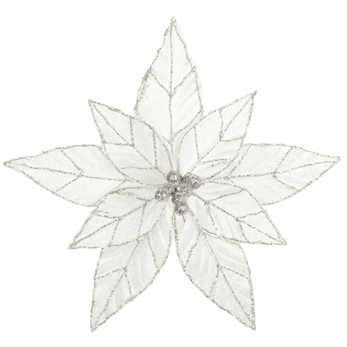 Briful 6 Pack White Glitter Christmas Poinsettia Picks, 13.8'' Artificial Floral Stems with Gold Edges & Sparkle Beads, 9.8'' Blossom Holiday Flower Picks for Tree, Wreath, Table Centerpiece Decor - color: White#351, size: 12'' POINSETTIA / 6PCS