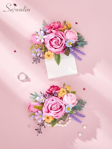 Serwalin 2Pcs Corsage and Boutonniere Set,Pastel Rose Corsage Wristlet and Pocket Boutonniere for Prom Wedding Homecoming Anniversary Graduation - color: Pastel