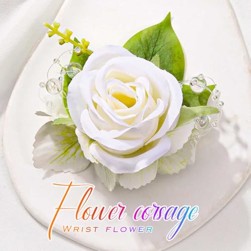 Rose Wrist Corsage Prom Corsages Wristlet Bridal Hand Flower for Women and Girls (White) - color: White
