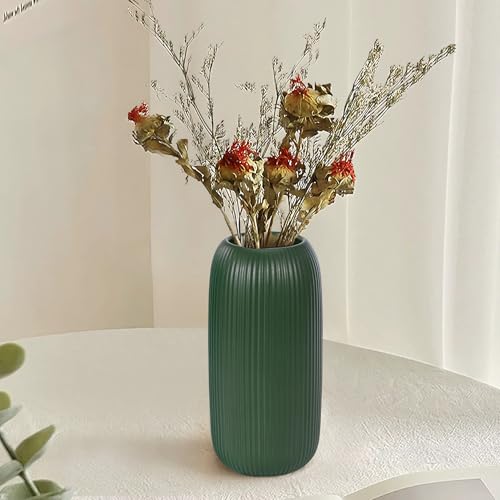 Ceramic Vase for Flowers – Modern Small Ribbed Textured Flower Vase for Home Decor, Pampas Grass, Decorative, Farmhouse, Coffee Table, Kitchen Centerpieces, Bookshelf and Home Living(Green) - color: Green