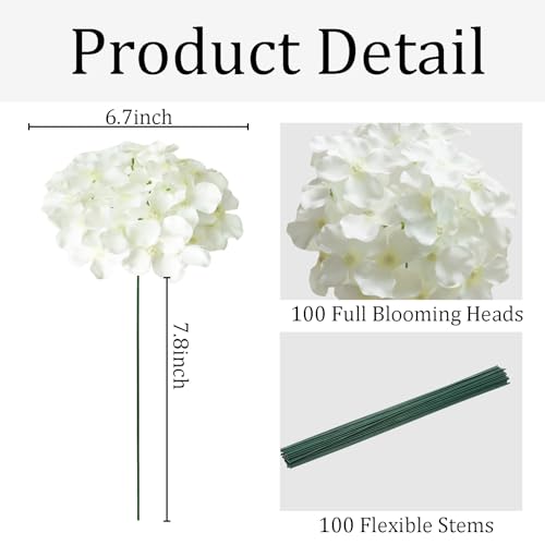 100 Pcs Faux White Hydrangea Artificial Flowers Bulk, Fake Silk Hydrangea Flowers Heads with Stems for Wedding Decorations Garden Party Baby Shower Porch Home Decor Table Centerpieces - color: Ivory, size: 100 Pcs