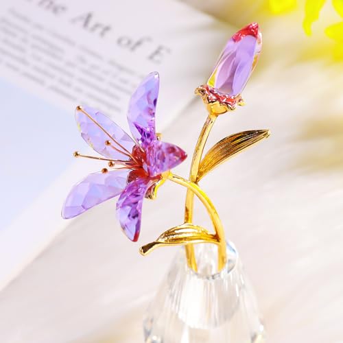 YWHL Purple Lily Flower Gifts for Women, Handmade Crystal Lily Flower Figurine Collectible with Vase, Home Wedding Party Decor - color: Purple