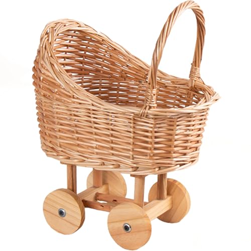 Woven Rattan Stroller Shaped Flower Basket, Vintage Wicker Baby Carriage Planter for Floral Arrangements, Baby Shower Wedding Party Decor, Photography Props, Floral Rustic Home Decor (Mini) - color: Mini