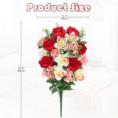 Briful Artificial Flowers for Cemetery, Cemetery Flowers for Grave, Weather Resistant Cemetery Flowers for Vase, Large Sympathy Grave Floral Arrangement with Peonies Lily Silk Flower - color: Red, size: 25.9 in. Cemetery Flowers Bouquet