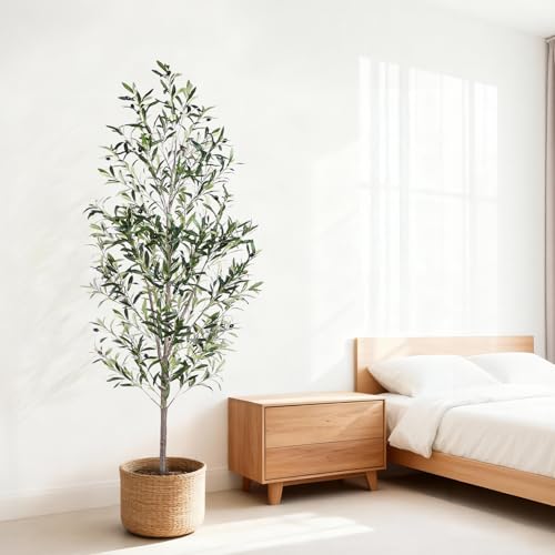 Jocoevol Olive Tree, 6FT Artificial Indoor Tall Faux Olive Trees w/Planter & Natural Wood Trunk and Lifelike Fruits, Fake Olive Artificial Tree for Home Office Decor - size: 6ft