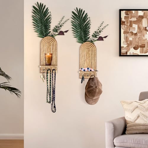 3-in-1 Wooden Wall Organizer - Planter Vase + Candle Sconces + Hooks (No Dried Flower)- Farmhouse Hanging Decor Boho Wall Art for Indoor Plants Artificial Eucalyptus for Living Room Bedroom Nature - color: Nature