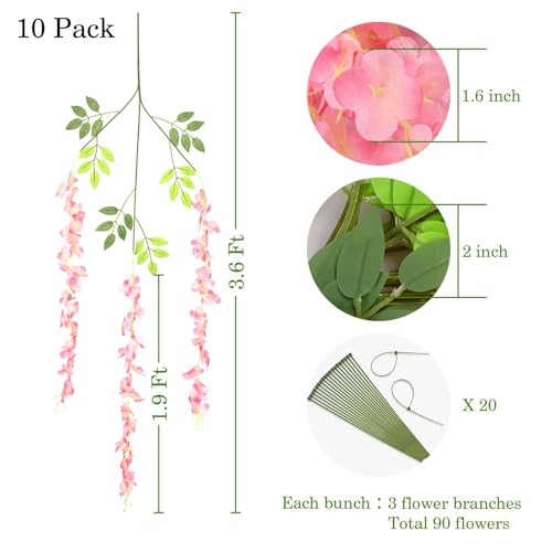 BLEUM CADE 10Pcs Deep Pink Fake Wisteria Hanging Flowers, 3.6Ft/Pcs Artificial Wisteria Garland, Hanging Flowers for Wedding Party Home Backdrop Wall Decoration - color: Deep Pink, size: 10pcs