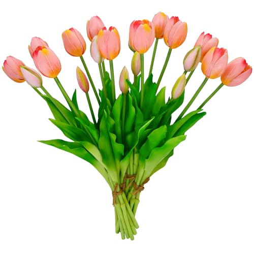 4 Budles (20Pcs) Tulips Artificial Flowers 13" Latex Fake Flowers for Wedding Home Decor (Coral) - color: Coral