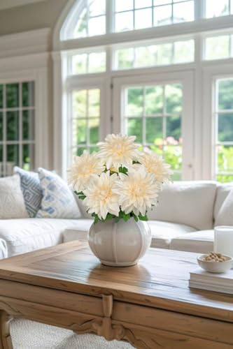 Hollyone White Artificial Dahlia Flowers Bush 7 Heads Silk Fake Dahlias Flowers with Stems Wedding Bouquets Faux Dahlia Flowers Floral Arrangements for Outdoor Indoor DIY Table Centerpieces Home Decor - color: White
