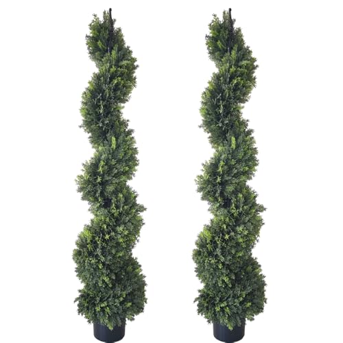 ALL SEASON GREEN 5' Cypress Artificial Outdoor Plants Boxwood Topiary Spiral Front Porch Decor Tree Potted Set of 2 - size: 5 ft