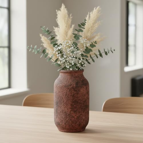 Terracotta Vase, Large Rustic Ceramic Vase, Farmhouse Decor for Living Room, Shelf, Mantle, Entryway, Room Decor, 9 Inch, Brown - color: Rustic Brown