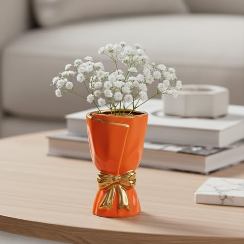 Orange Ceramic Vase with Bow - 7 Inch Small Vase for Home Decor, Modern Flower Vases for Living Room, Nightstand Shelf and Desk Decor, Bookshelf, Dining Table Centerpiece - color: Orange, size: 7 inch