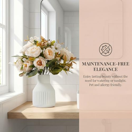 Small 10" Fake Fake Flowers in Vase Silk Roses Artificial Flowers in Ceramic Vase,Faux Flower Plant Arrangement for Home Office Farmhouse Bathroom Dining Table Centerpiece Decorations (White)
