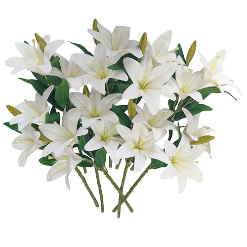 ATFL Artificial Lilies Flowers,9 Pcs Faux Lily Flowers,16''Tiger Lily Branches with 2 Full Blooms and 1 Bud,Faux Fake Lilies Plants for Wedding Bouquet Floral Arrangements (9, White) - color: White