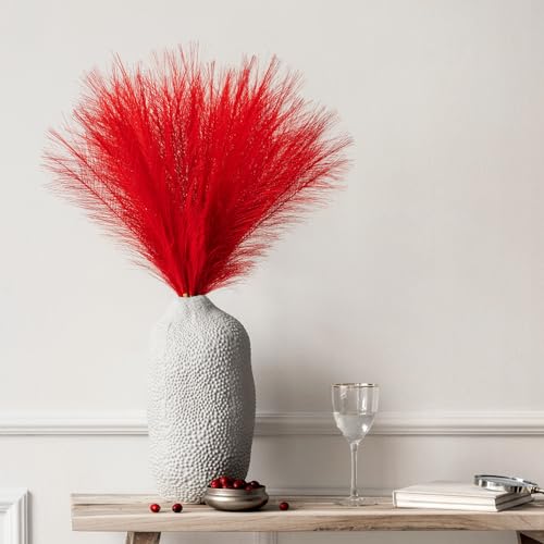 Pampas Grass Decor, Fluffy Faux Pampas Grass 5 Stem 18"/45cm Pompous Grass Small Flower Arrangement and Vase Filler for Boho Home Wedding - color: Red