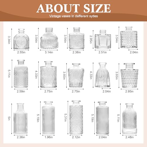 30Pcs Clear Glass Bud Vases, Wedding Table Decor, Bulk Housewarming Gift | Clear bud vases in bulk, Rustic embossed, Vintage-styled glass vases for centerpieces, 15 unique vintage styles(2 per design) - color: Clear Series
