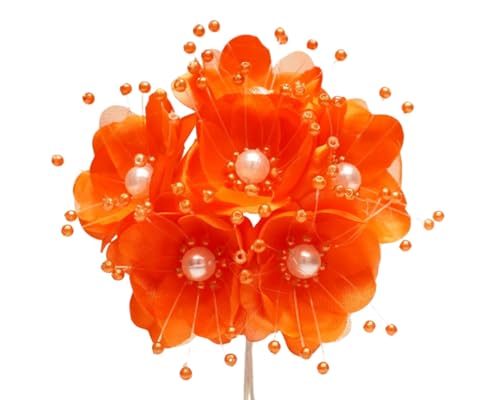 72PC Artificial Silk Pearl Spray Craft Flower for Home Craft Decor DIY Wedding Bridal Veil Headband Dress Cake Topper Embellishment Scrapbook Favor Corsage Floral Bouquet Arrangement (Orange) - color: Orange
