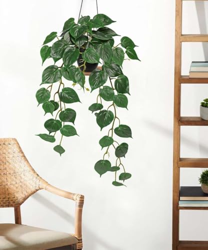 GnFlus Fake Ivy Plant with Pot Artificial Pothos Leaves Featuring a White Frosted Finish for Home Shelf Decor Indoor Silk Artificial Realistic Plant Large - color: Green-black Pot
