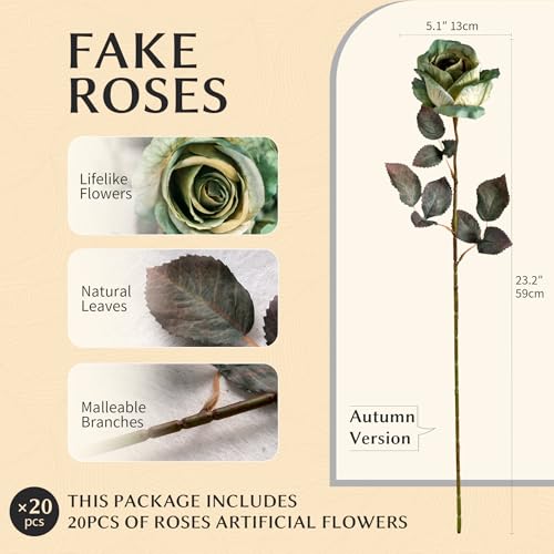 Artificial Flowers Artificial Roses Fake Roses 20PCS Long Stem Artificial Flowers for Tall Vase Silk Rose Suitable for Indoor Decor Wedding Party Decoration DIY Bouquet Autumn,(23.2In,Green) - color: Green