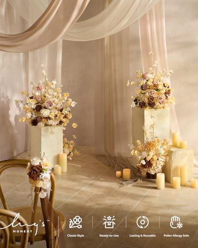 Ling's moment 17.5" Tall Standing Artificial Flowers Arrangements 2 pcs Wedding Aisle Runner Chair Decorations Earth Brown & Butter Yellow Centerpieces for Ceremony Reception Rose Floral Party Outdoor - color: Brn- Earth Brown & Butter Yellow