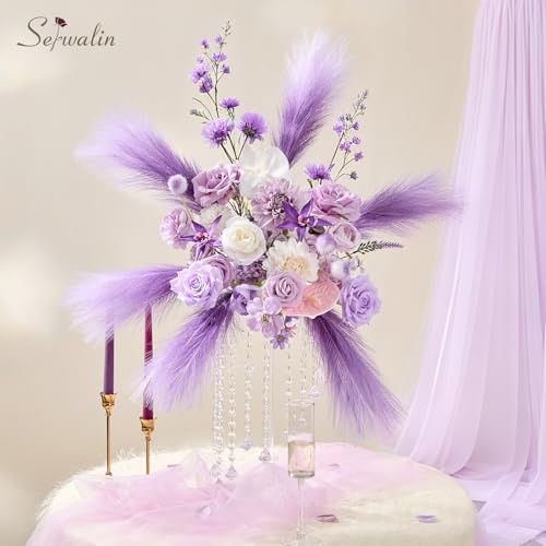 Serwalin Gradient Purple Pampas Grass Decor,17.7 Inch 6 Pcs Artificial Fluffy Pampas Grass,Short Faux Pampas for Home Room Bathroom Table Centerpieces Decoration - color: Z Gradient Purple, size: 17 Inch 6 Pcs