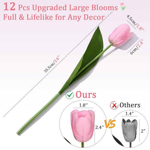 Livole 12Pcs Pink Tulips Artificial Flowers Fake Faux Tulip Flower | Real Touch, Soft Material, 14 Inch, Bendable Stems, for Arrangement Wedding Spring Home Decor Floral Party Centerpiece - color: Pink