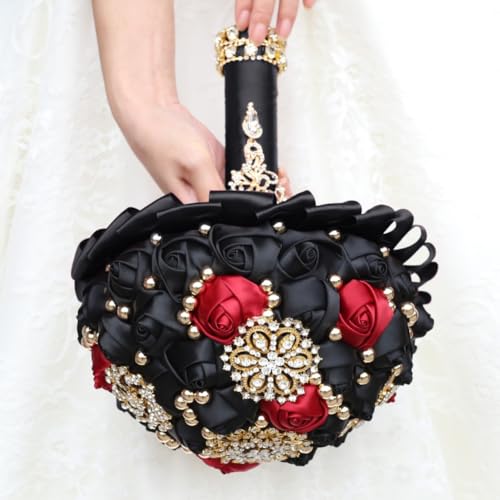 Bridal Wedding Bouquet Luxury Gold Rhinestone Brooch Bouquet for Bride Bridesmaid Quinceanera Satin Rose Artificial Flower Bouquet Wedding Black and Burgundy 7.1in - color: Black & Burgundy (Black Handle), size: Diameter: 7.1 inches