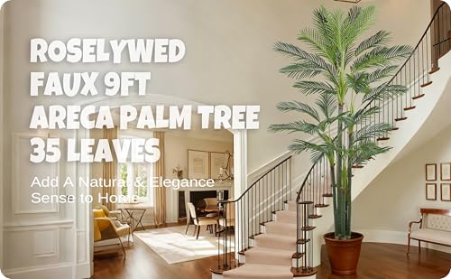 Roselywed Artificial Areca Palm Tree 9FT with 35 Leaves Deluxe Realistic Tall Large Fake Faux Tropical Silk Plant 108 Inch Black Pot for Indoor Home Office Porch Mall School Decoration - size: 9ft