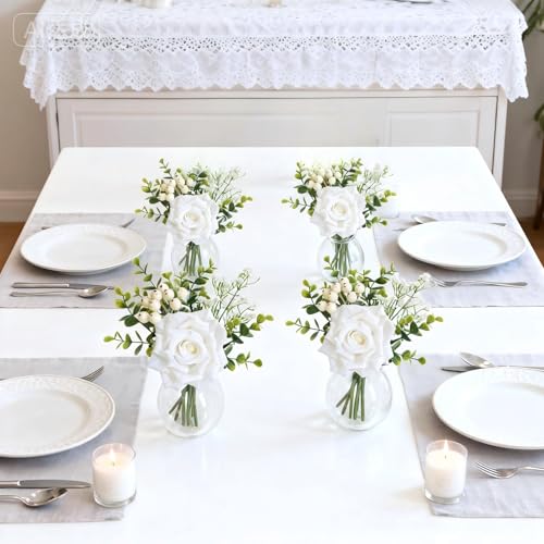 Garvee 6 Pcs Artificial Flowers in Vase, Lifelike Fake Rose Eucalyptus Leaves & Baby Breath, Faux Flower Arrangements for Wedding Bride Bouquets Home Kitchen Table Decorations, White