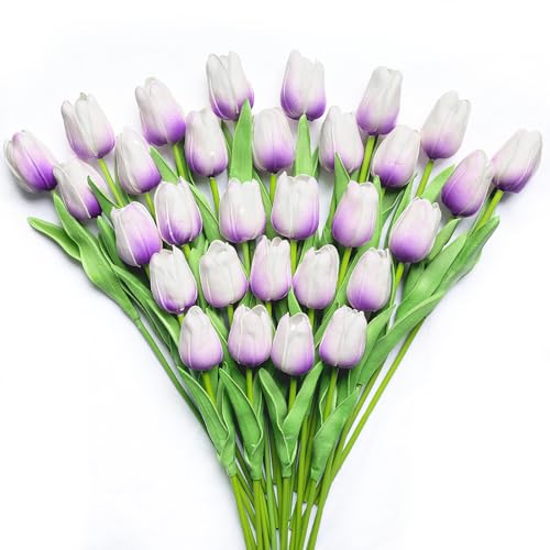 30 PCS Artificial Tulips Real Touch Tulips 13.5inch Long Stem Fake Flowers Silk Flowers for Spring Easter Mother's Day Decorations（Light Purple） - color: Light Purple
