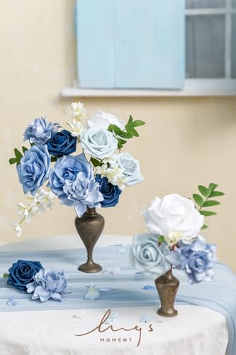 Ling's moment Artificial Flowers Fake Silk Roses Faux Foam Gardenia Combo for DIY Wedding Bouquets Centerpieces Arrangements Bridal Shower Party Home Decorations, Dusty Blue & Ivory, 23pcs - color: Blu-dusty Blue & Ivory
