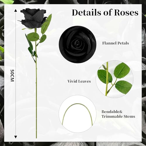 10 PCS Artificial Roses with Long Stems Silk Flowers Realistic Foam Flowers Fake Roses for Valentine's Day Home Wedding Halloween Decor(Black) - color: Black