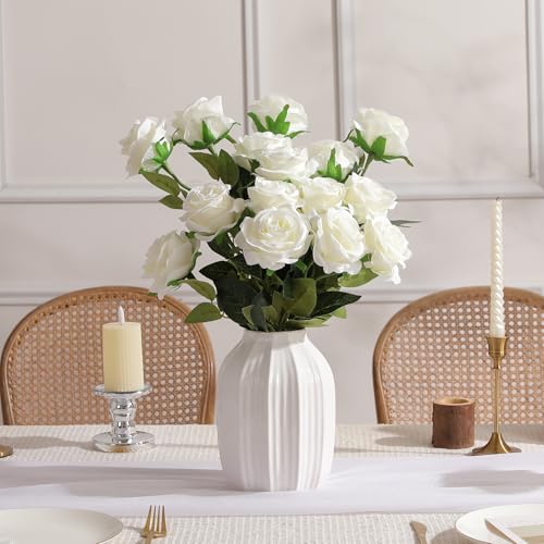 Nubry 24pcs Artificial White Roses, Fake Silk Roses Flower with Long Stems, Realistic Flowers for Bridal Wedding Party Table Centerpiece Home Decor - color: White