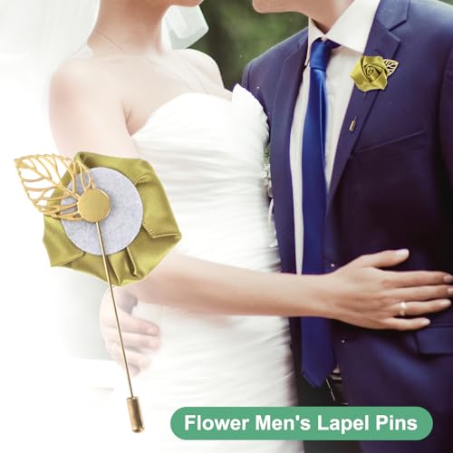 M METERXITY 12-Pack Flower Lapel Pins for Men, Golden Leaf Rose Boutonnieres Pin for Wedding/Dance/Party, Mens Lapel Pins for Suits Satin Flower Corsage Hat Pins [Gold] - color: Gold