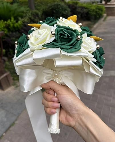 Handmade Wedding Bouquet Artificial PE Rose Bridal Bridesmaid Bouquet with Soft Ribbons Wedding Hand Holding Bouquet Artificial Fake Flowers Toss Bouquet(A-Emerald Green & Ivory, 9.1"/23cm) - color: A-emerald Green & Ivory, size: 9.1"/23cm