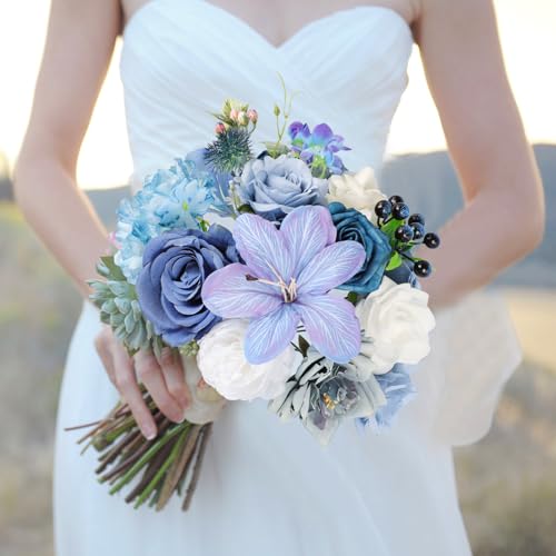 Dusty Blue Artificial Flowers Bouquet of Flowers Blue Rose Fake Flowers for DIY Wedding Bridal Bouquets Table Centerpieces Arrangements Cake Party Home Decor - color: Blue