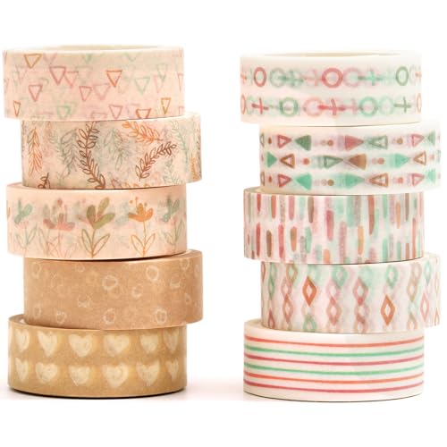 Boho Washi Tape Set 10 Rolls Cute Masking Graphic Floral Pattern Decorative Tapes for Arts, DIY Crafts, Journals, Planners, Scrapbook, Wrapping (Retro) - color: Retro